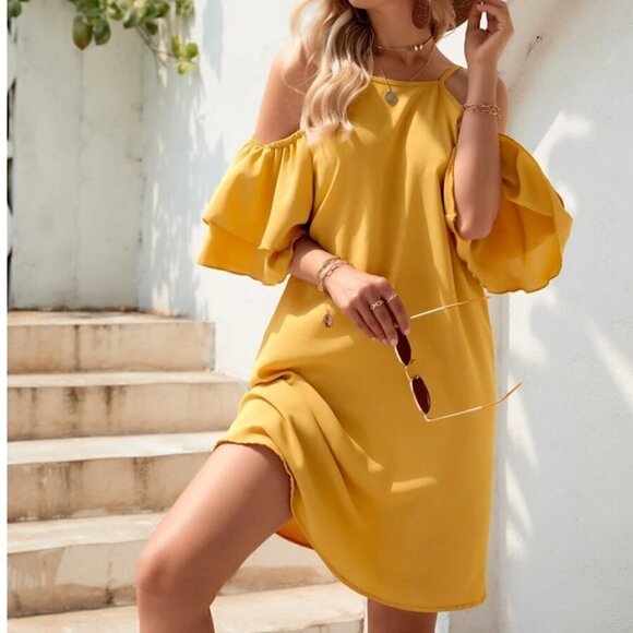 Shein Ruffle Cold Shoulder Dress Mustard Yellow - Picture 15 of 15